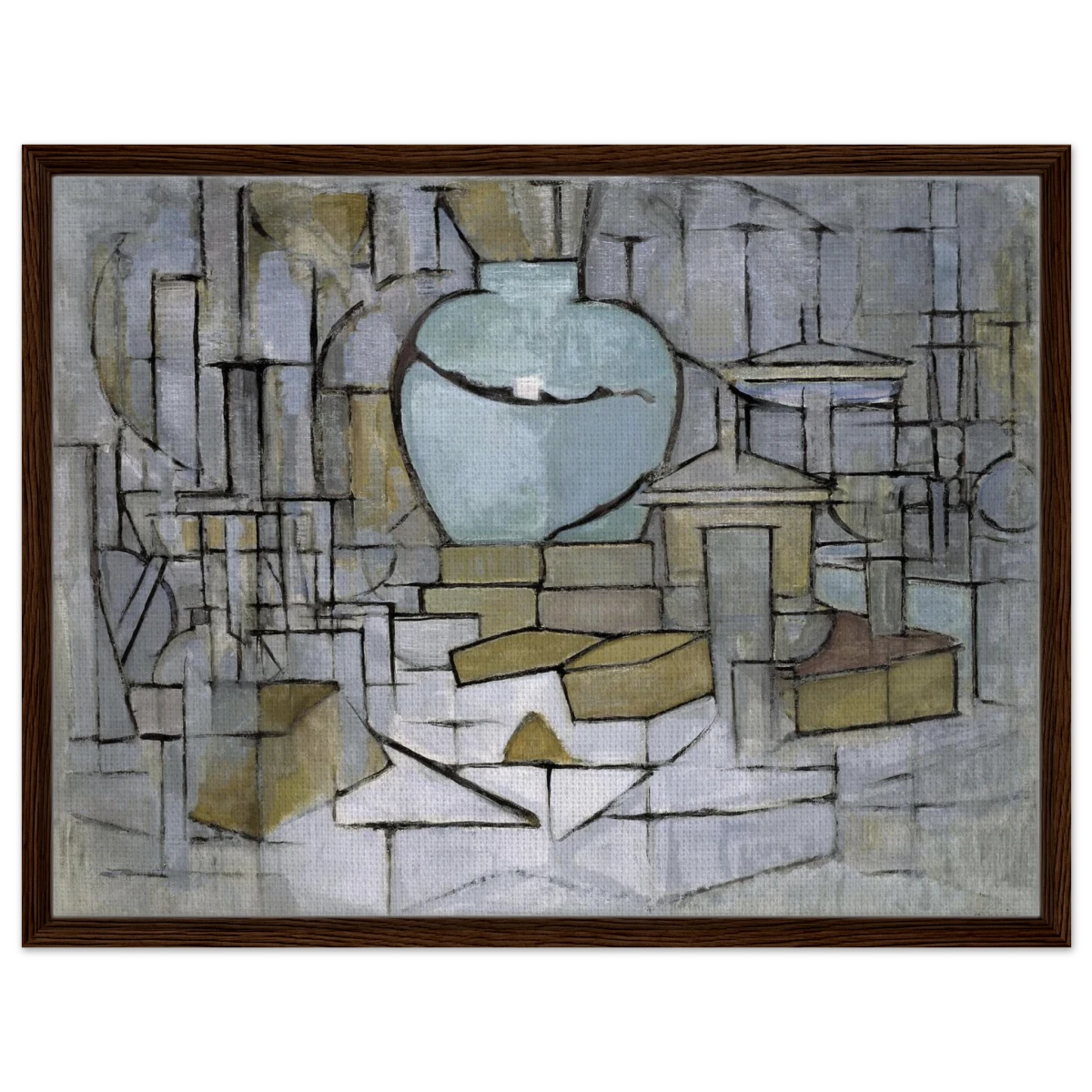 Still Life with Gingerpot II by Piet Mondrian | Vintage Art Print - Framed Canvas - 60x80 cm / 24x32″ - Dark wood frame