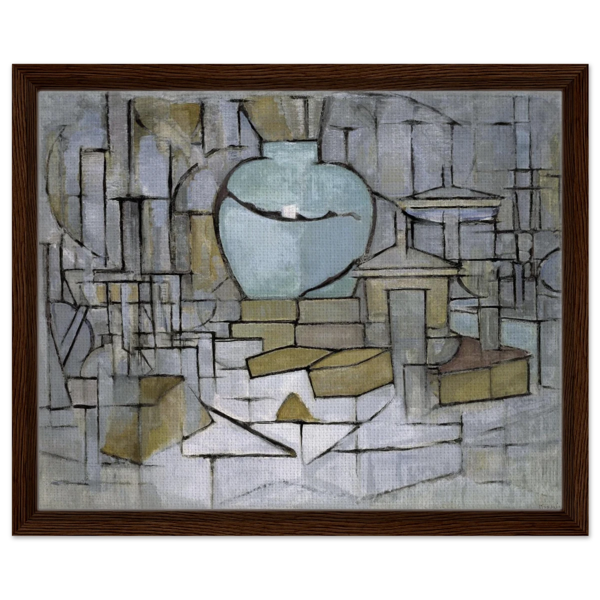 Still Life with Gingerpot II by Piet Mondrian | Vintage Art Print - Framed Canvas - 40x50 cm / 16x20″ - Dark wood frame