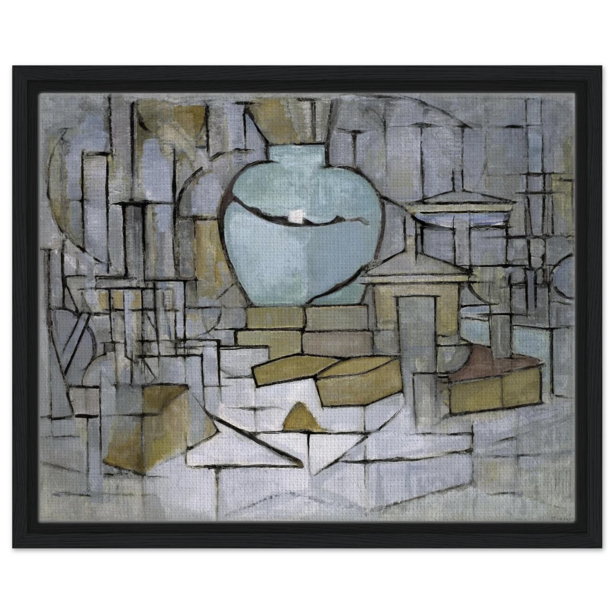 Still Life with Gingerpot II by Piet Mondrian | Vintage Art Print - Framed Canvas - 40x50 cm / 16x20″ - Black frame