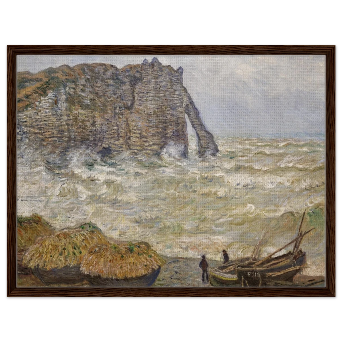 Stormy Sea at Étretat by Claude Monet | Wall art Print - Framed Canvas - 60x80 cm / 24x32″ - Dark wood frame