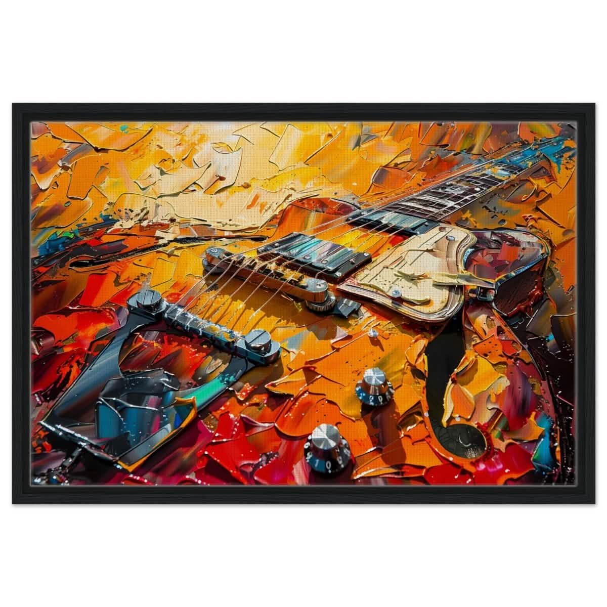 Strings of Fire: Abstract Guitar Art | Abstract Pop Art wall art print - Framed Canvas - 50x75 cm / 20x30″ - Black frame