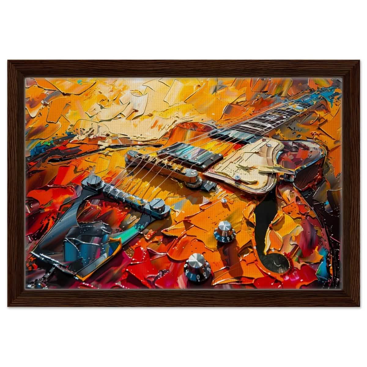 Strings of Fire: Abstract Guitar Art | Abstract Pop Art wall art print - Framed Canvas - 30x45 cm / 12x18″ - Dark wood frame