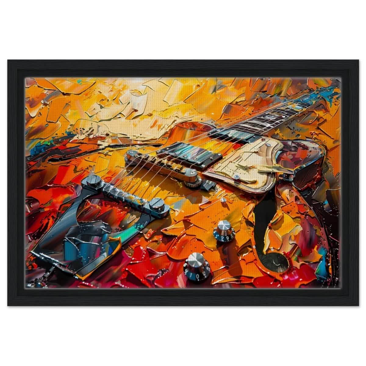 Strings of Fire: Abstract Guitar Art | Abstract Pop Art wall art print - Framed Canvas - 30x45 cm / 12x18″ - Black frame