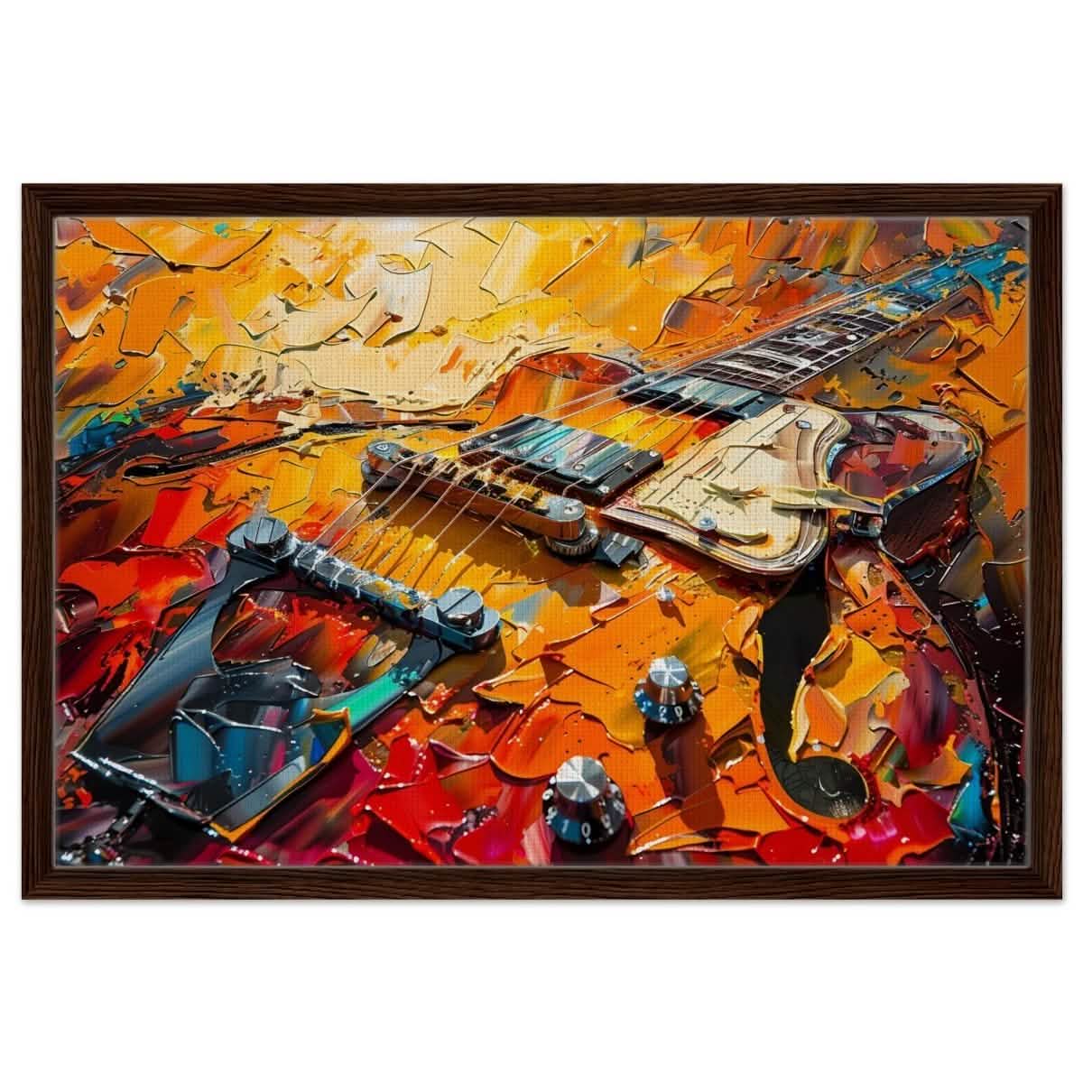 Strings of Fire: Abstract Guitar Art | Abstract Pop Art wall art print - Framed Canvas - 50x75 cm / 20x30″ - Dark wood frame