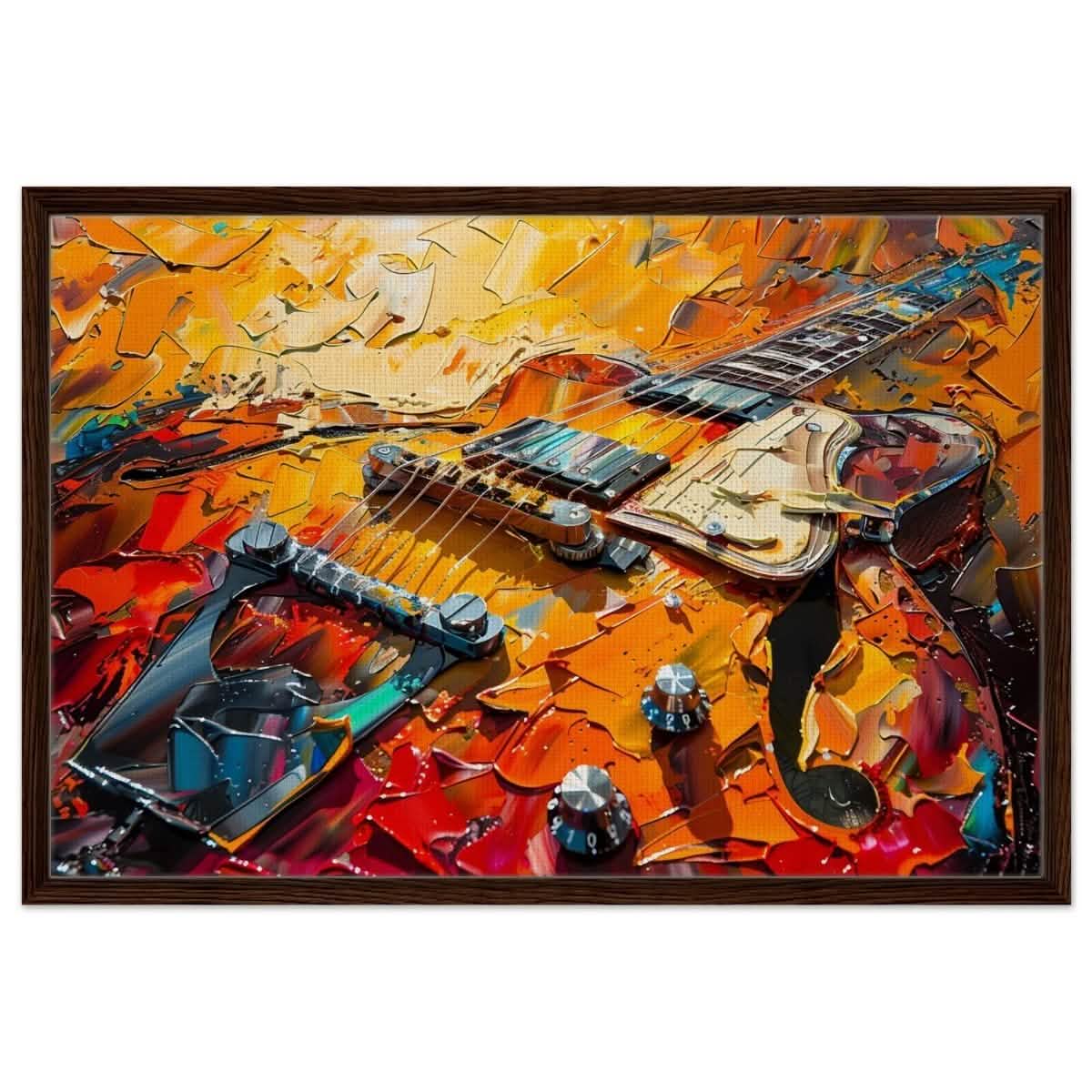 Strings of Fire: Abstract Guitar Art | Abstract Pop Art wall art print - Framed Canvas - 60x90 cm / 24x36″ - Dark wood frame