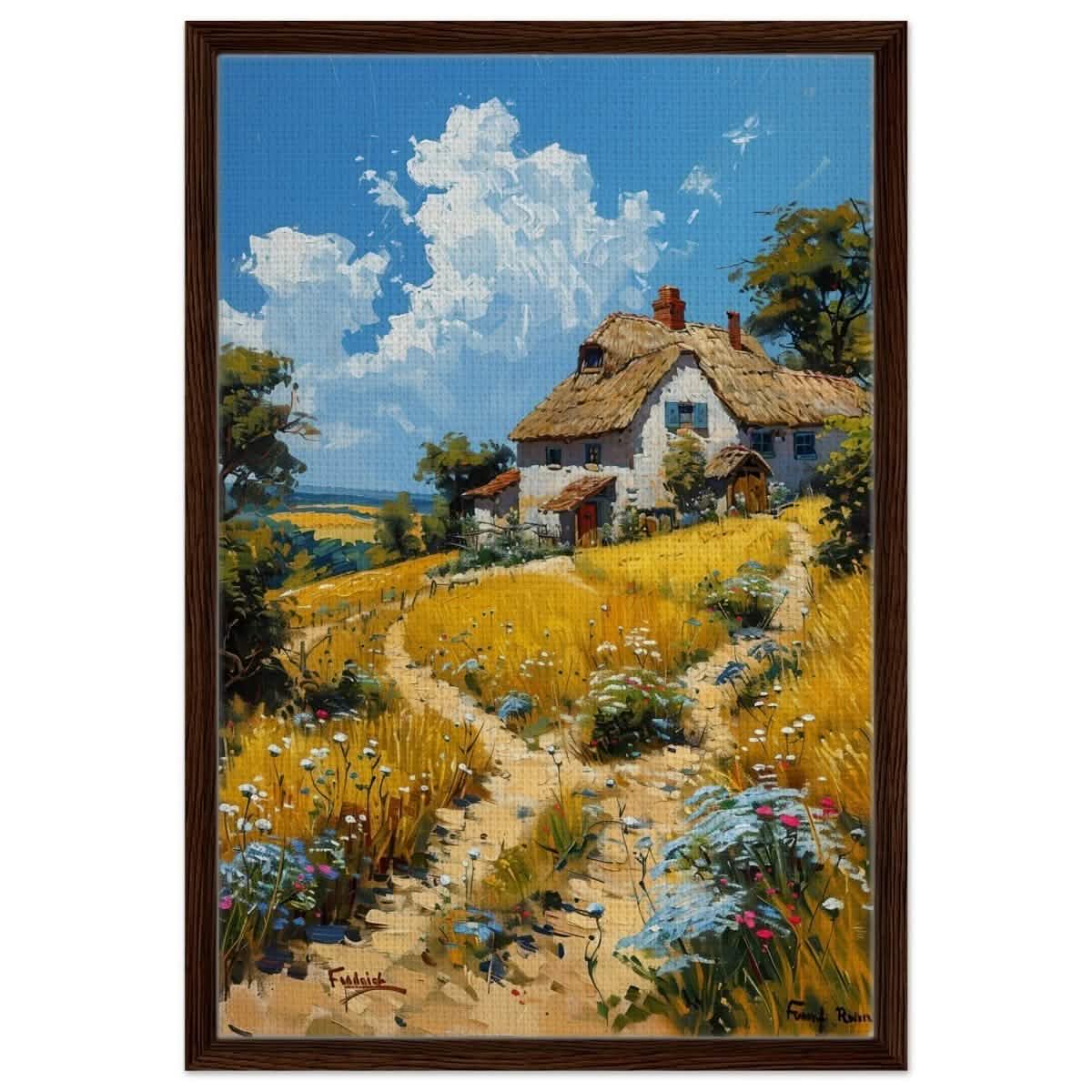 Summer Serenity: Cottage in the Meadow | Modern Wall art print | Nature art - Framed Canvas - 50x75 cm / 20x30″ - Dark wood frame