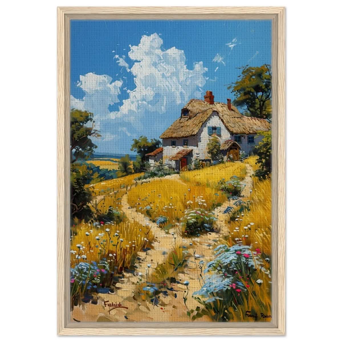 Summer Serenity: Cottage in the Meadow | Modern Wall art print | Nature art - Framed Canvas - 40x60 cm / 16x24″ - Wood frame