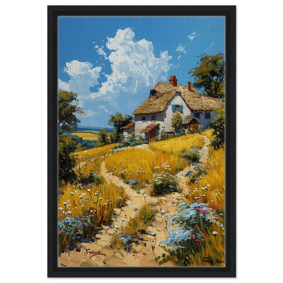 Summer Serenity: Cottage in the Meadow | Modern Wall art print | Nature art - Framed Canvas - 40x60 cm / 16x24″ - Black frame
