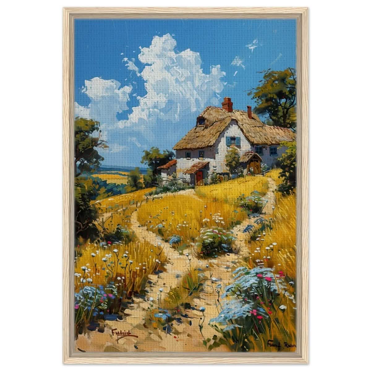 Summer Serenity: Cottage in the Meadow | Modern Wall art print | Nature art - Framed Canvas - 50x75 cm / 20x30″ - Wood frame