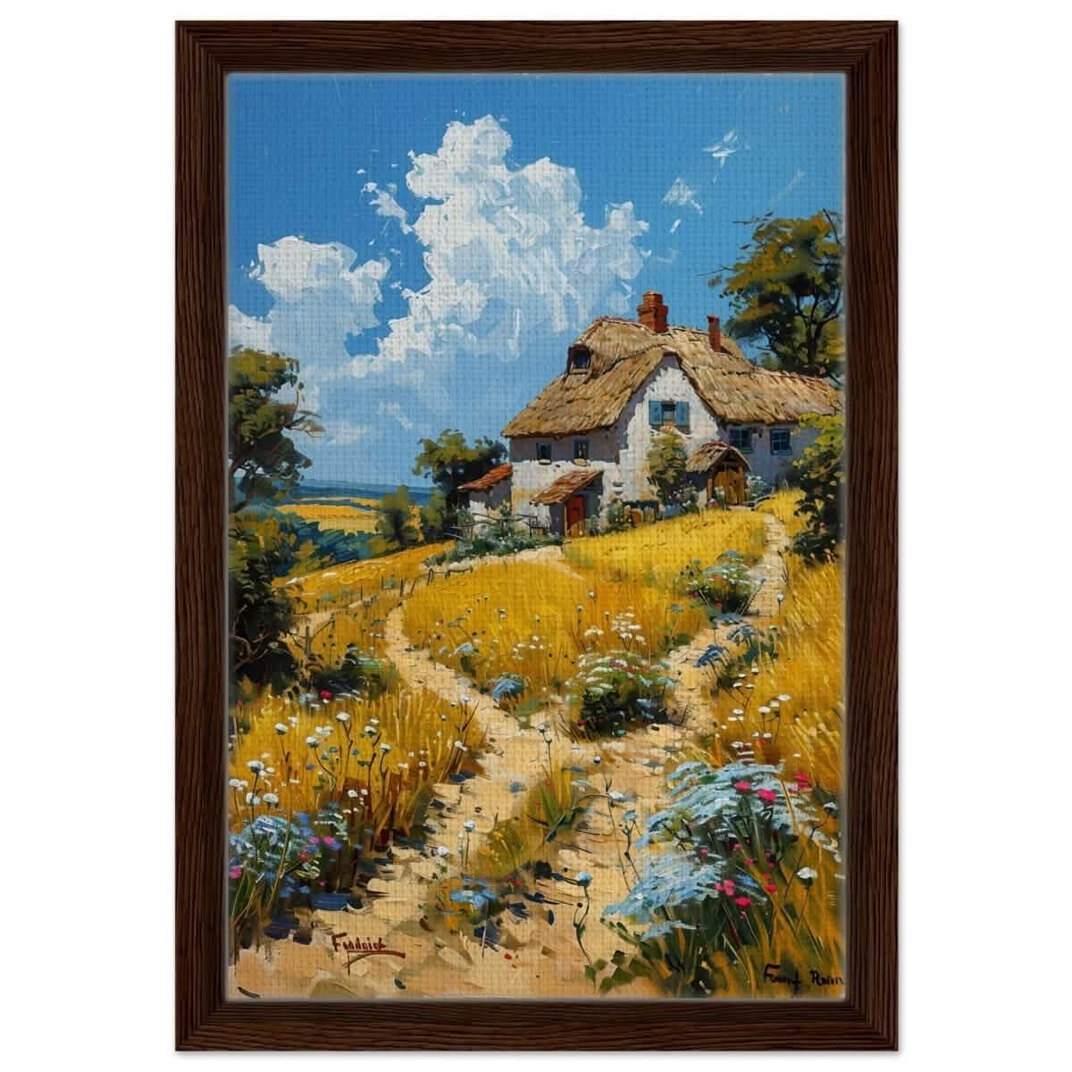 Summer Serenity: Cottage in the Meadow | Modern Wall art print | Nature art - Framed Canvas - 30x45 cm / 12x18″ - Dark wood frame