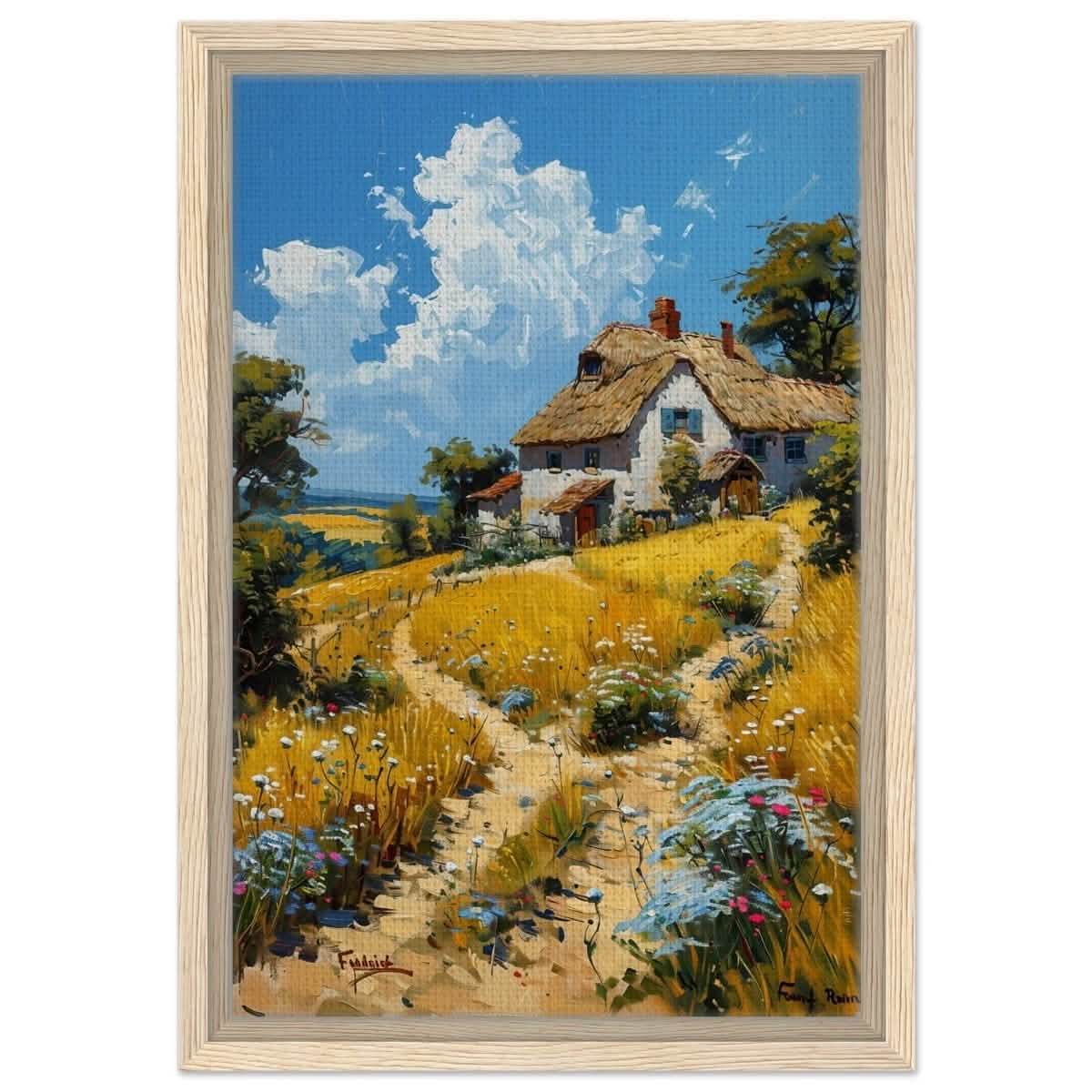Summer Serenity: Cottage in the Meadow | Modern Wall art print | Nature art - Framed Canvas - 30x45 cm / 12x18″ - Wood frame