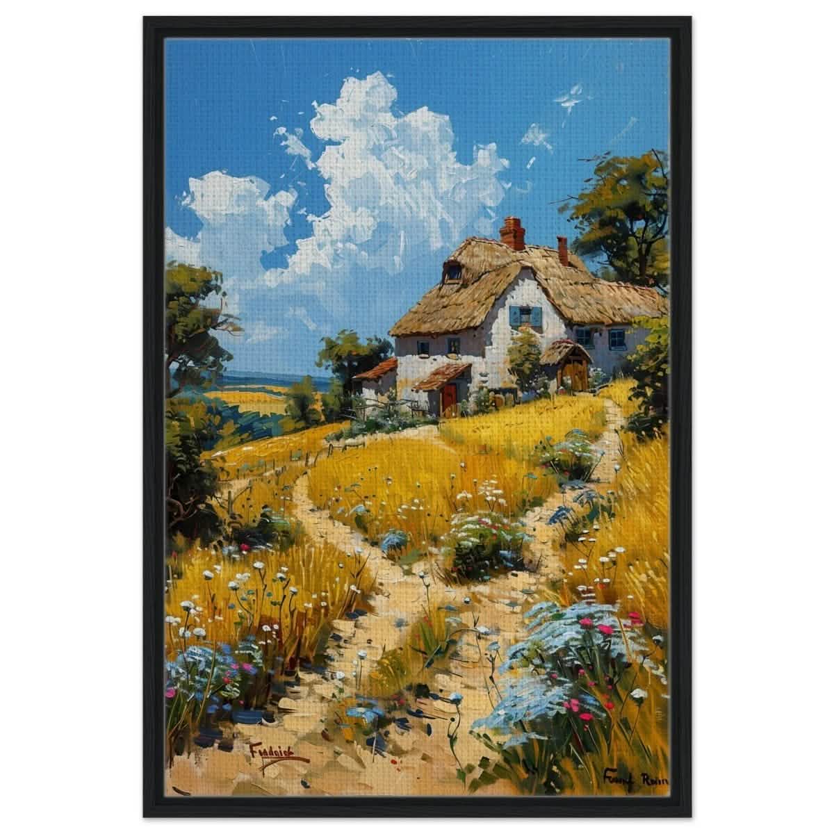 Summer Serenity: Cottage in the Meadow | Modern Wall art print | Nature art - Framed Canvas - 60x90 cm / 24x36″ - Black frame