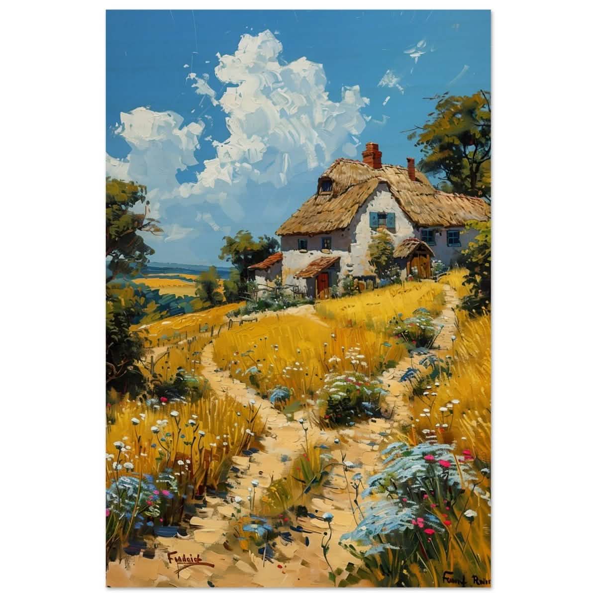Summer Serenity: Cottage in the Meadow | Modern Wall art print | Nature art - Wood Prints - 30x45 cm / 12x18″ -