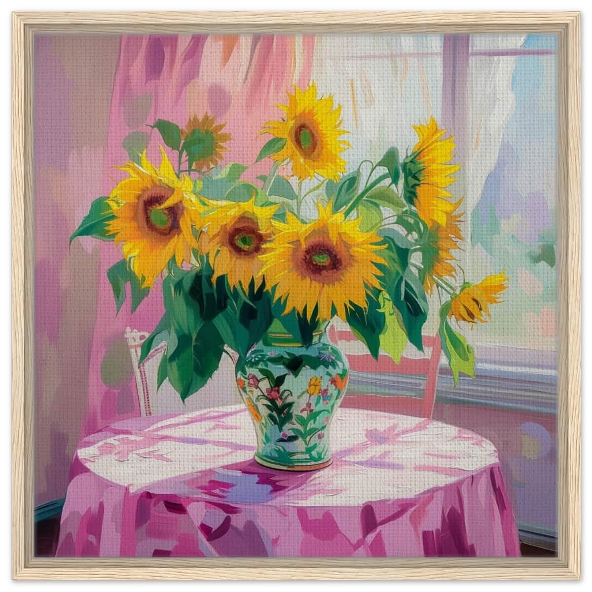 Sunlit Elegance: Sunflowers in Bloom | Impressionist Still Life Art - Framed Canvas - 60x60 cm / 24x24″ - Wood frame