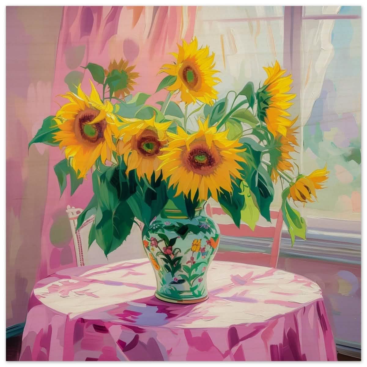 Sunlit Elegance: Sunflowers in Bloom | Impressionist Still Life Art - Wood Prints - 60x60 cm / 24x24″ -