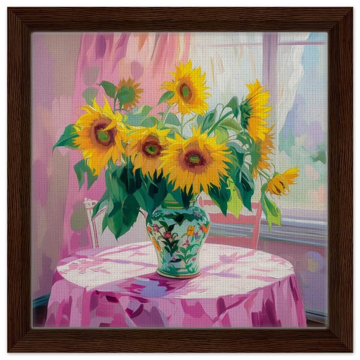 Sunlit Elegance: Sunflowers in Bloom | Impressionist Still Life Art - Framed Canvas - 30x30 cm / 12x12″ - Dark wood frame