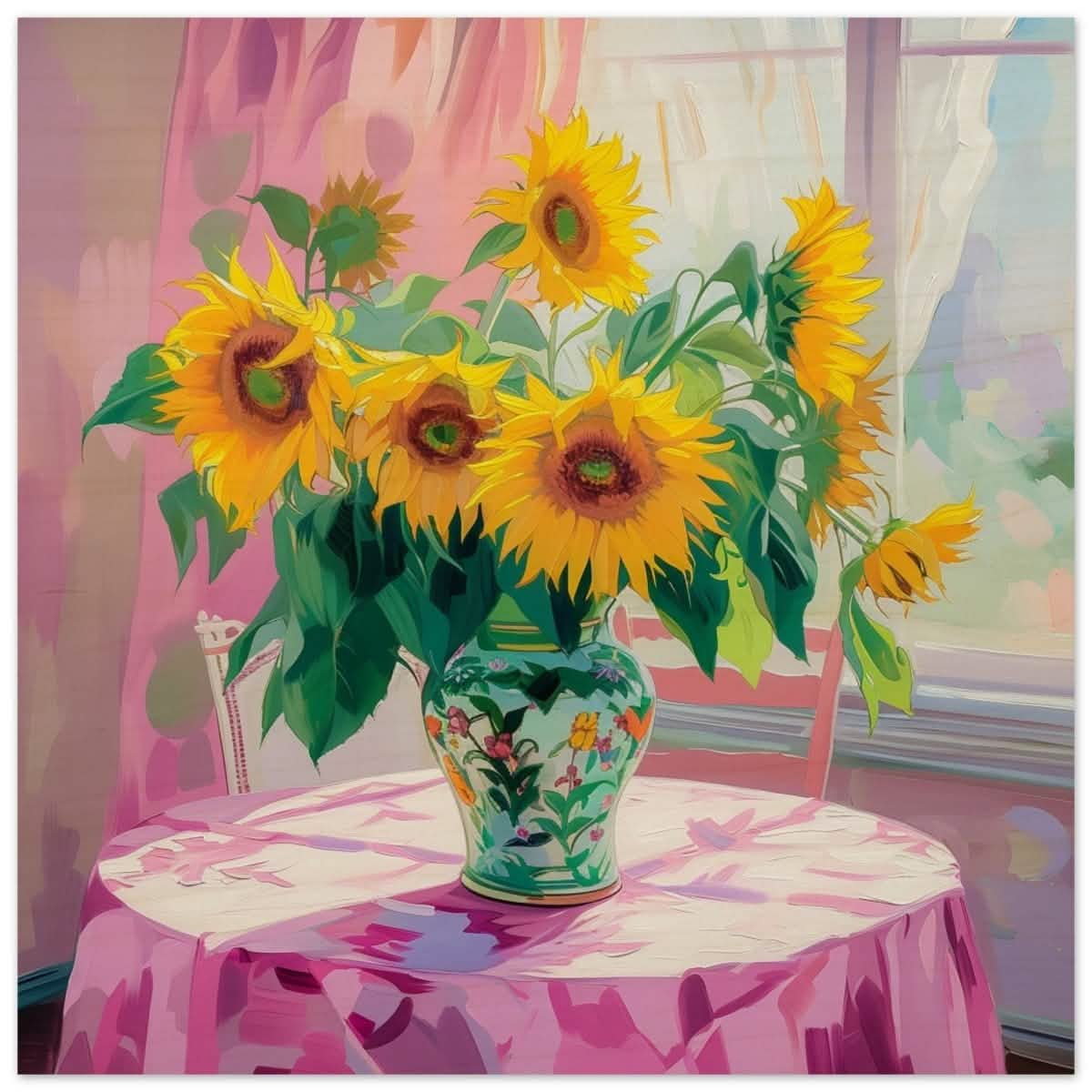 Sunlit Elegance: Sunflowers in Bloom | Impressionist Still Life Art - Wood Prints - 40x40 cm / 16x16″ -