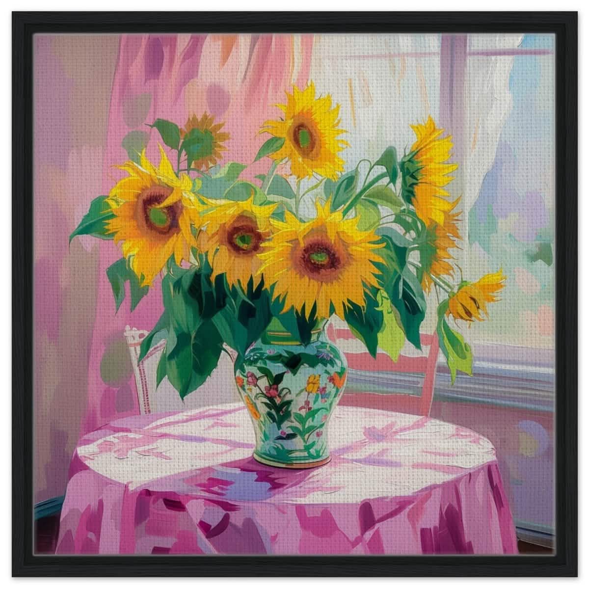 Sunlit Elegance: Sunflowers in Bloom | Impressionist Still Life Art - Framed Canvas - 60x60 cm / 24x24″ - Black frame
