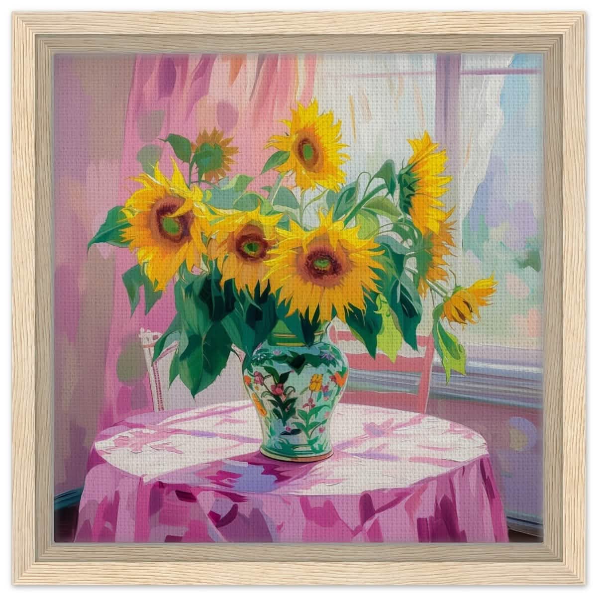 Sunlit Elegance: Sunflowers in Bloom | Impressionist Still Life Art - Framed Canvas - 30x30 cm / 12x12″ - Wood frame