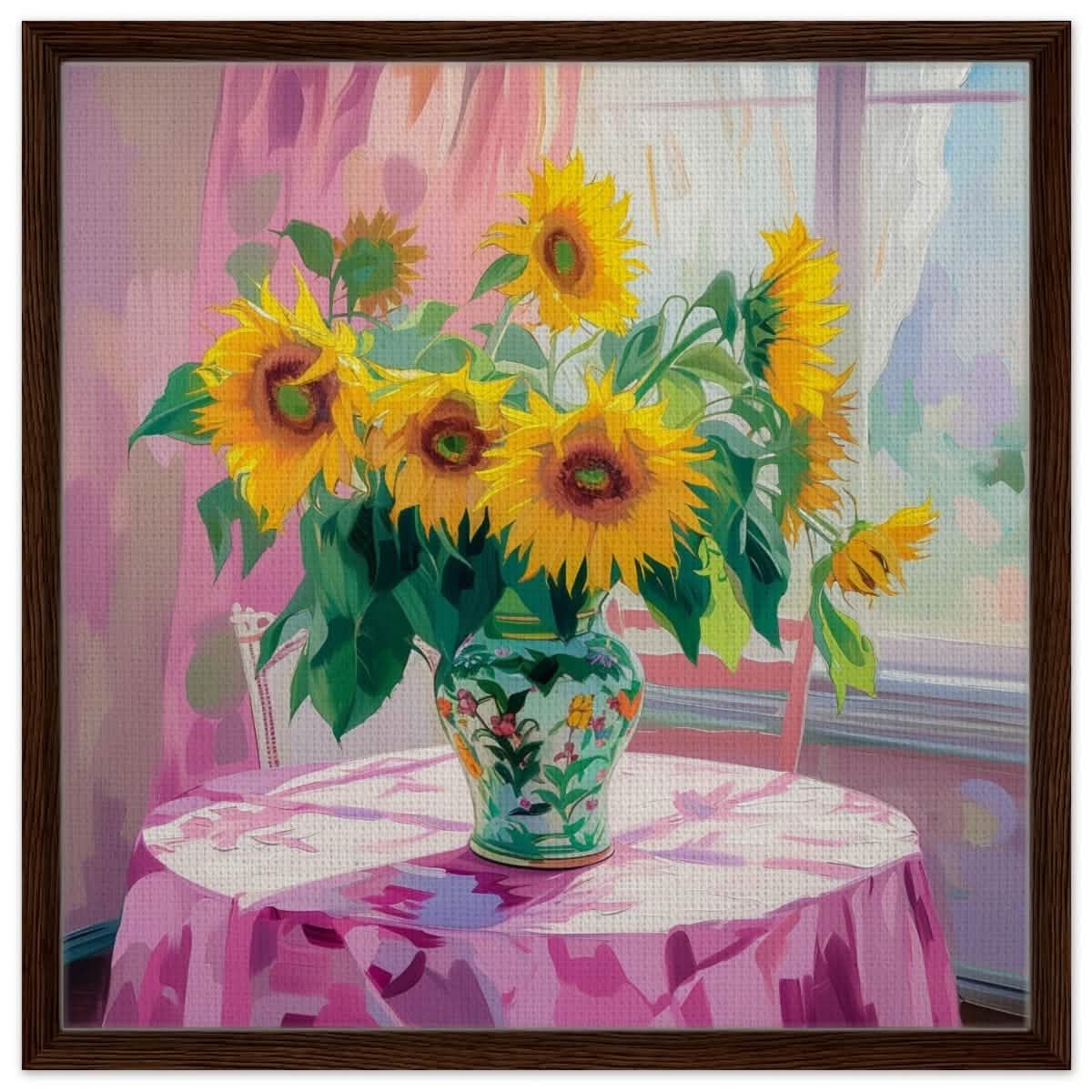 Sunlit Elegance: Sunflowers in Bloom | Impressionist Still Life Art - Framed Canvas - 60x60 cm / 24x24″ - Dark wood frame