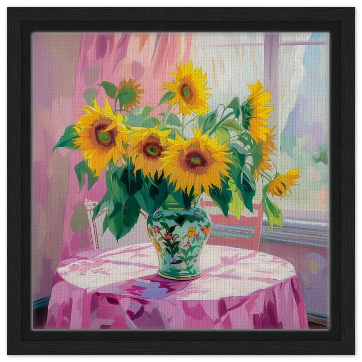 Sunlit Elegance: Sunflowers in Bloom | Impressionist Still Life Art - Framed Canvas - 30x30 cm / 12x12″ - Black frame