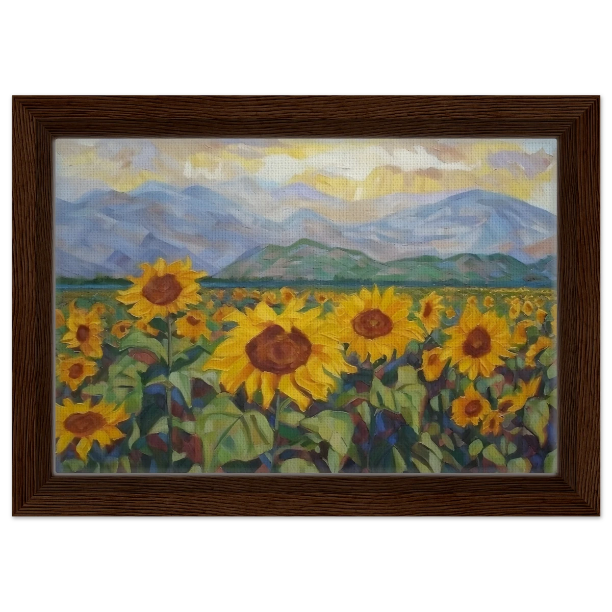 Sunlit Field of Sunflowers – Landscape Floral Wall Art Print - Framed Canvas - 20x30 cm / 8x12″ - Dark wood frame
