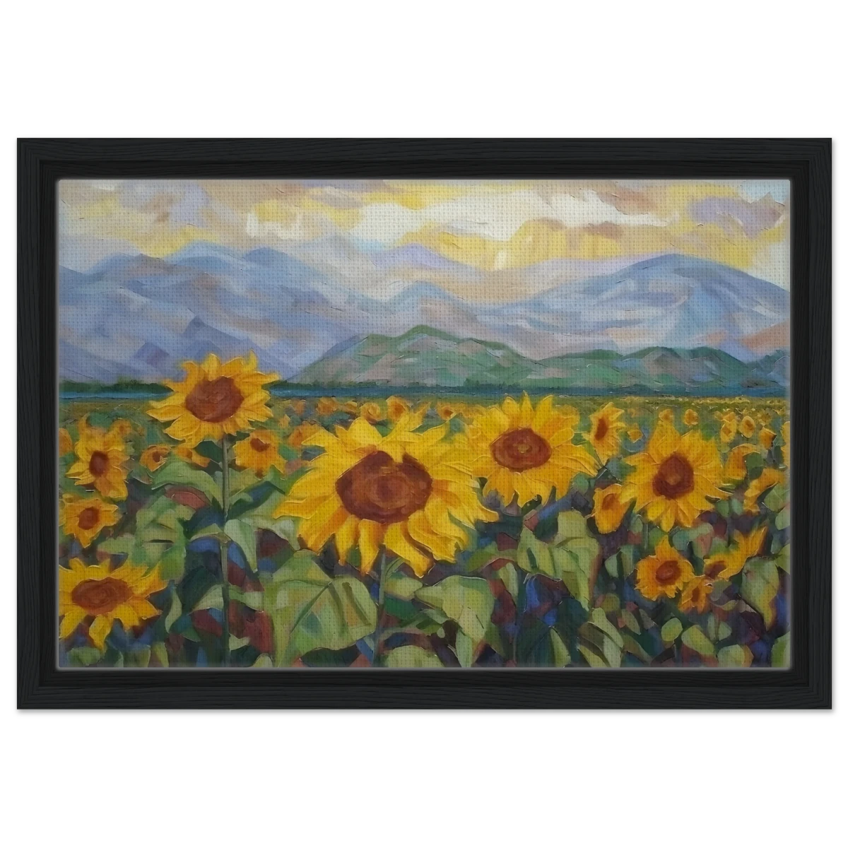 Sunlit Field of Sunflowers – Landscape Floral Wall Art Print - Framed Canvas - 30x45 cm / 12x18″ - Black frame
