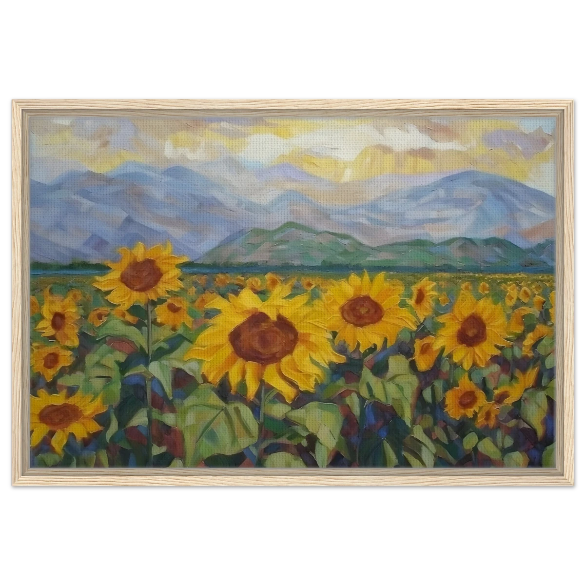 Sunlit Field of Sunflowers – Landscape Floral Wall Art Print - Framed Canvas - 50x75 cm / 20x30″ - Wood frame