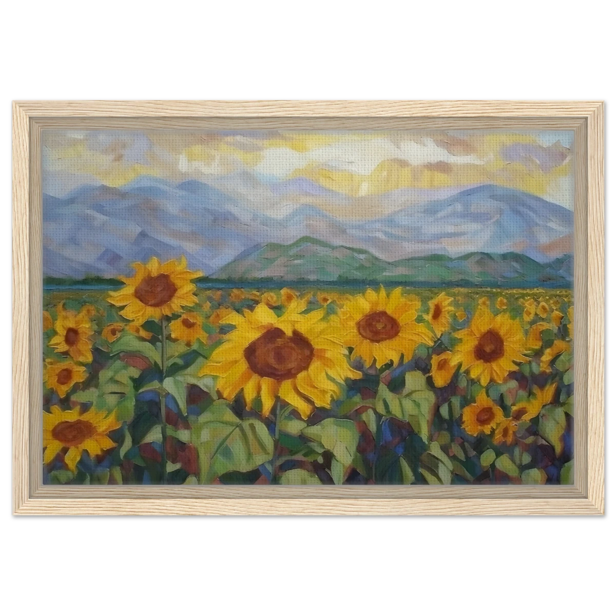 Sunlit Field of Sunflowers – Landscape Floral Wall Art Print - Framed Canvas - 30x45 cm / 12x18″ - Wood frame