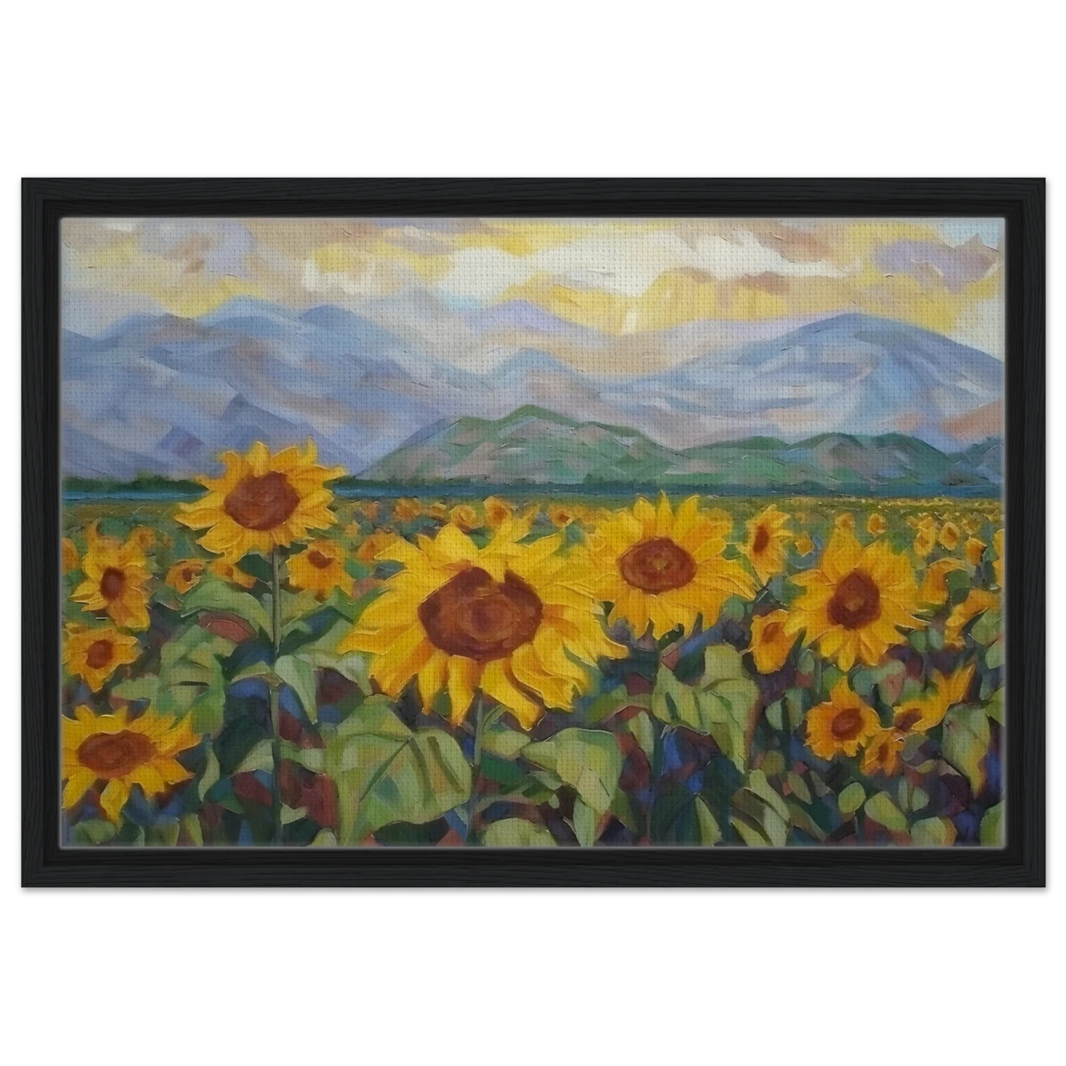 Sunlit Field of Sunflowers – Landscape Floral Wall Art Print - Framed Canvas - 40x60 cm / 16x24″ - Black frame