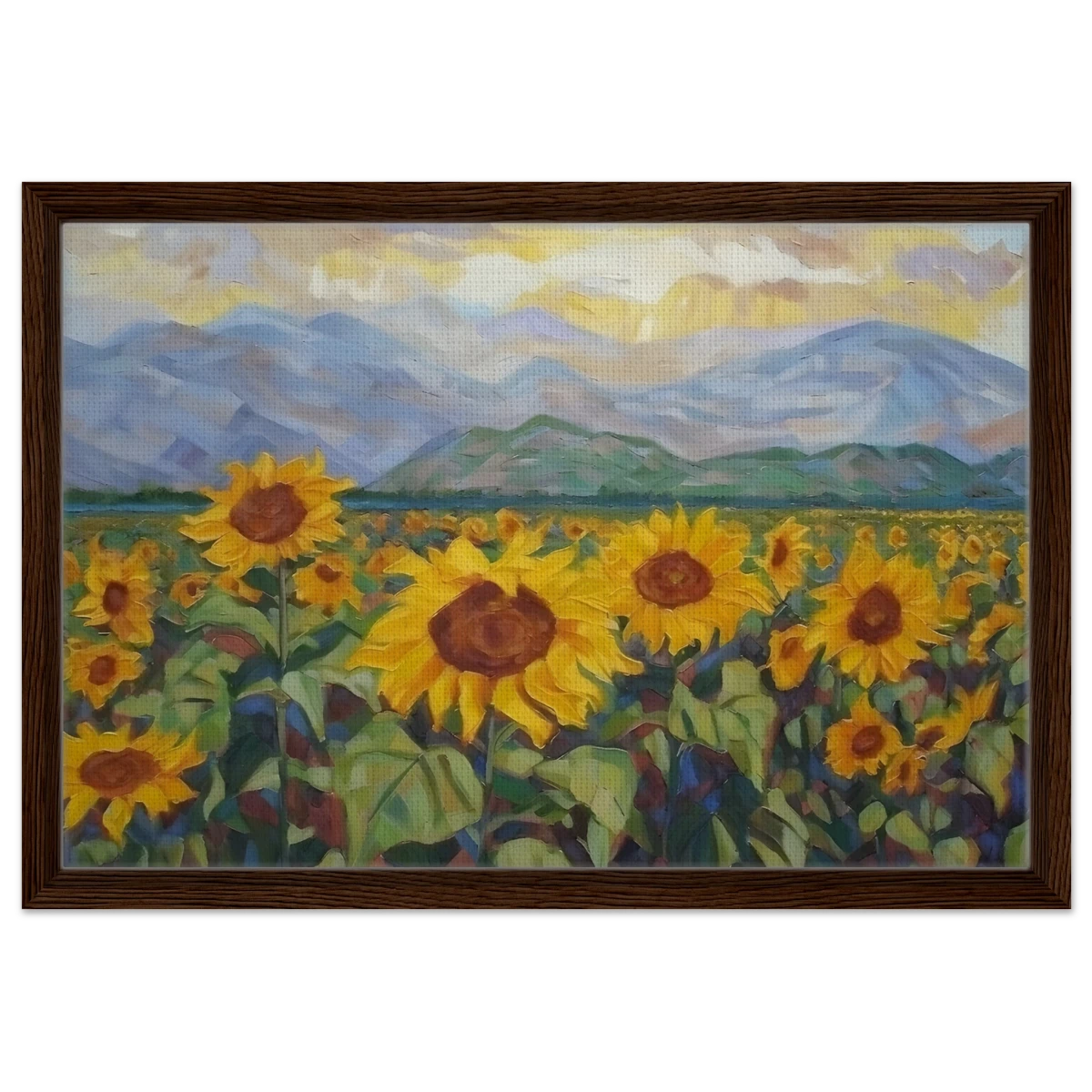Sunlit Field of Sunflowers – Landscape Floral Wall Art Print - Framed Canvas - 40x60 cm / 16x24″ - Dark wood frame