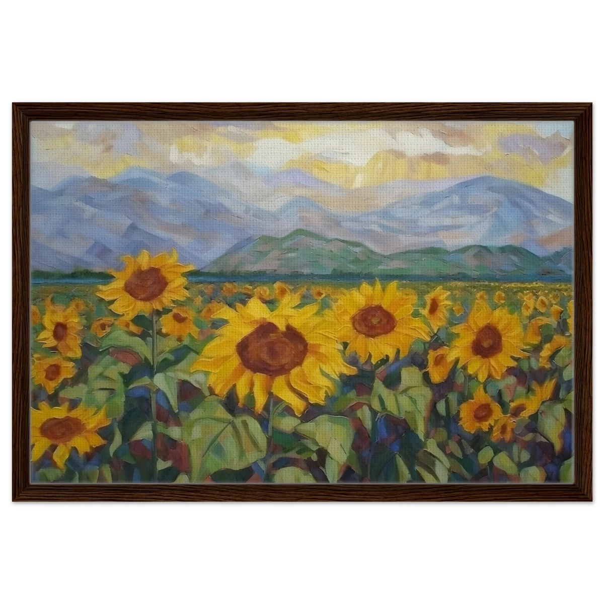 Sunlit Field of Sunflowers – Landscape Floral Wall Art Print - Framed Canvas - 50x75 cm / 20x30″ - Dark wood frame