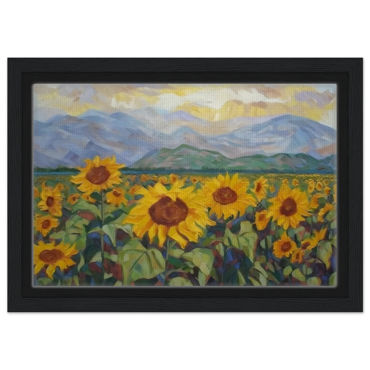 Sunlit Field of Sunflowers – Landscape Floral Wall Art Print - Framed Canvas - 20x30 cm / 8x12″ - Black frame