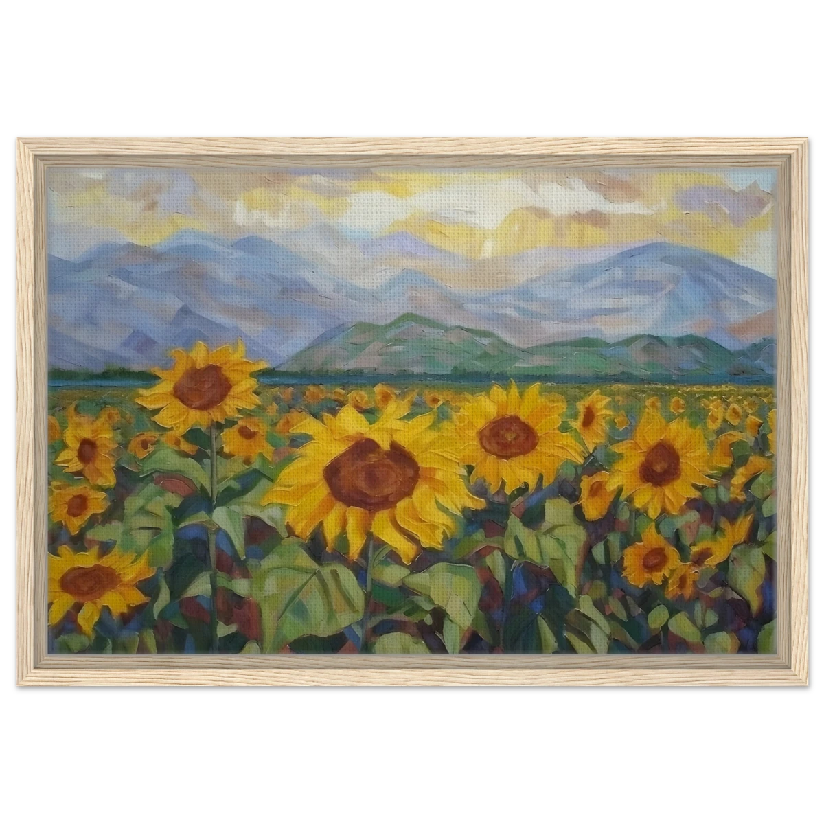 Sunlit Field of Sunflowers – Landscape Floral Wall Art Print - Framed Canvas - 40x60 cm / 16x24″ - Wood frame
