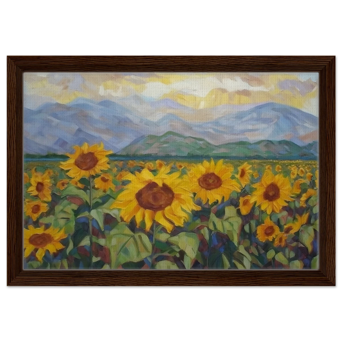 Sunlit Field of Sunflowers – Landscape Floral Wall Art Print - Framed Canvas - 30x45 cm / 12x18″ - Dark wood frame