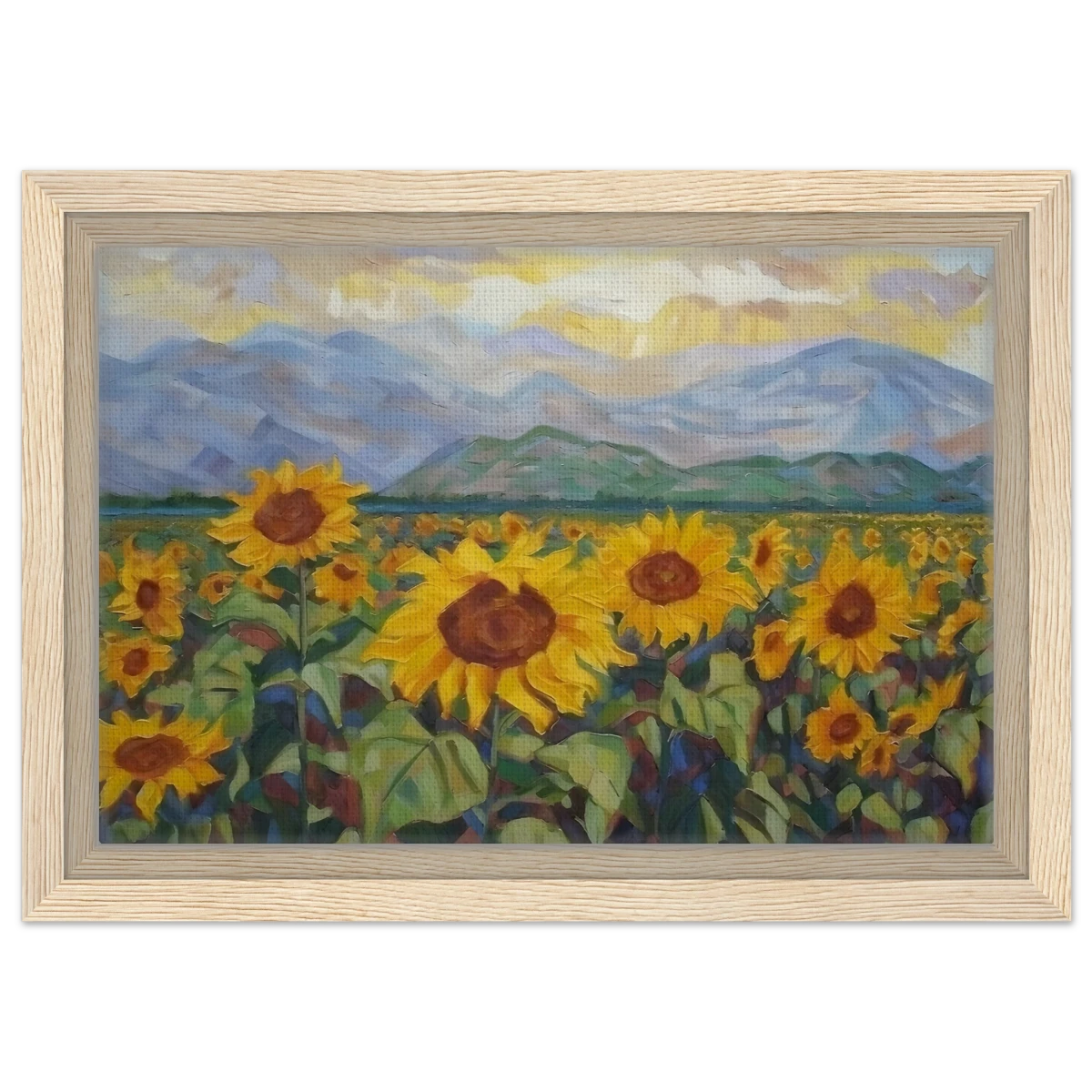 Sunlit Field of Sunflowers – Landscape Floral Wall Art Print - Framed Canvas - 20x30 cm / 8x12″ - Wood frame