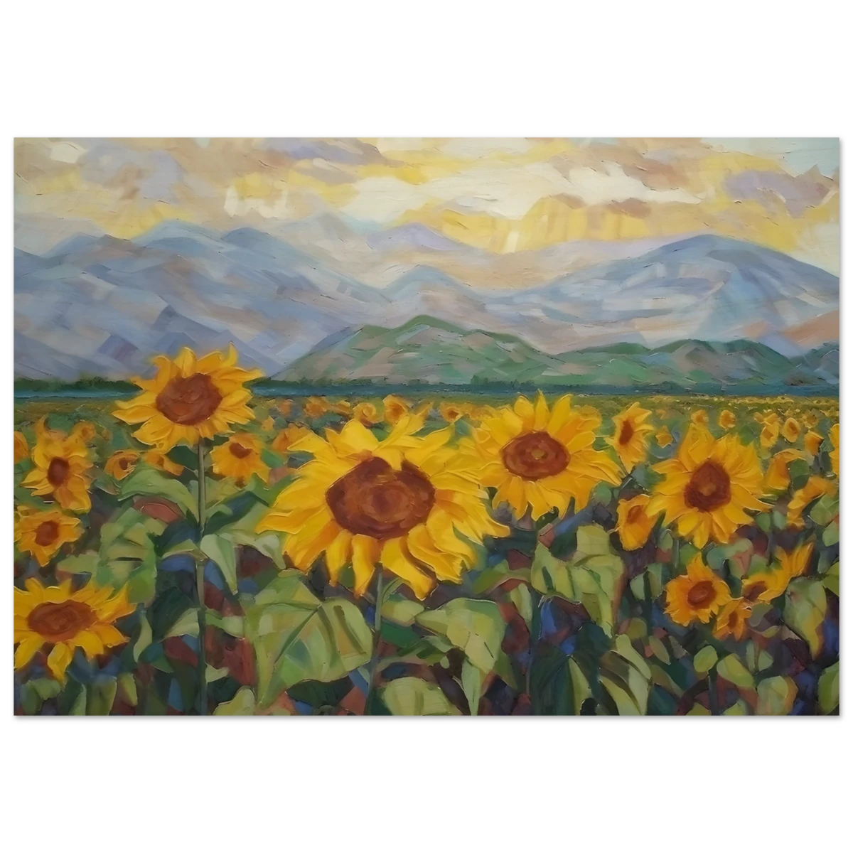 Sunlit Field of Sunflowers – Landscape Floral Wall Art Print - Wood Prints - 70x100 cm / 28x40″ -