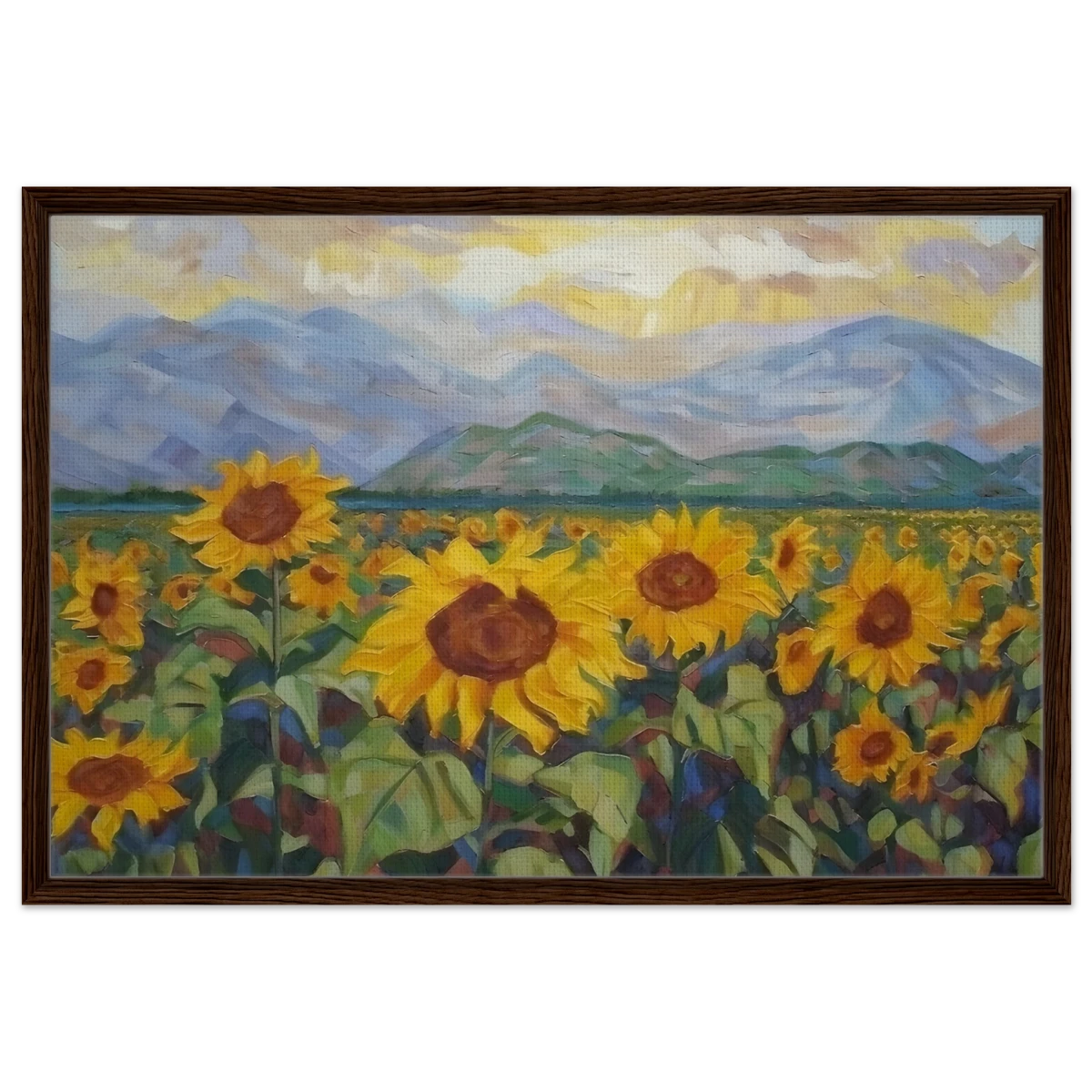 Sunlit Field of Sunflowers – Landscape Floral Wall Art Print - Framed Canvas - 60x90 cm / 24x36″ - Dark wood frame