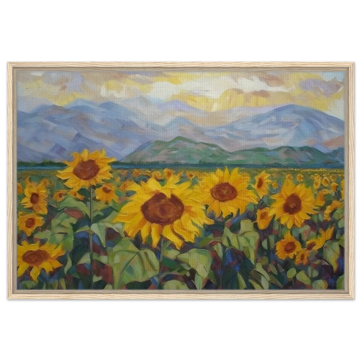 Sunlit Field of Sunflowers – Landscape Floral Wall Art Print - Framed Canvas - 60x90 cm / 24x36″ - Wood frame