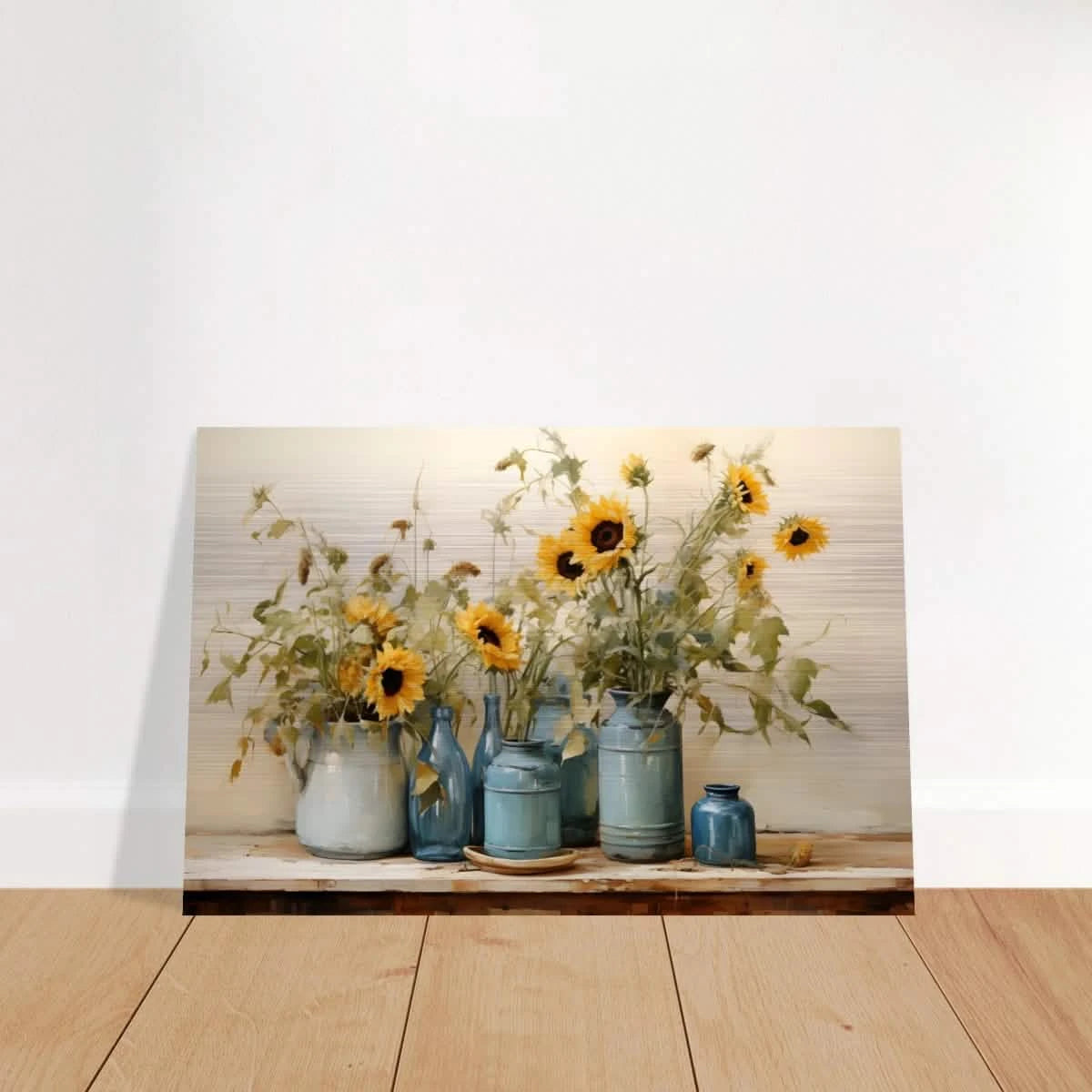 Sunlit Harmony – Sunflowers in Blue Vases Still Life Wall Art Print - Brushed Aluminum Print - 20x30 cm / 8x12″ -