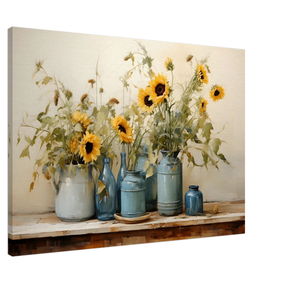 Sunlit Harmony – Sunflowers in Blue Vases Still Life Wall Art Print - Canvas - 70x100 cm / 28x40″ -