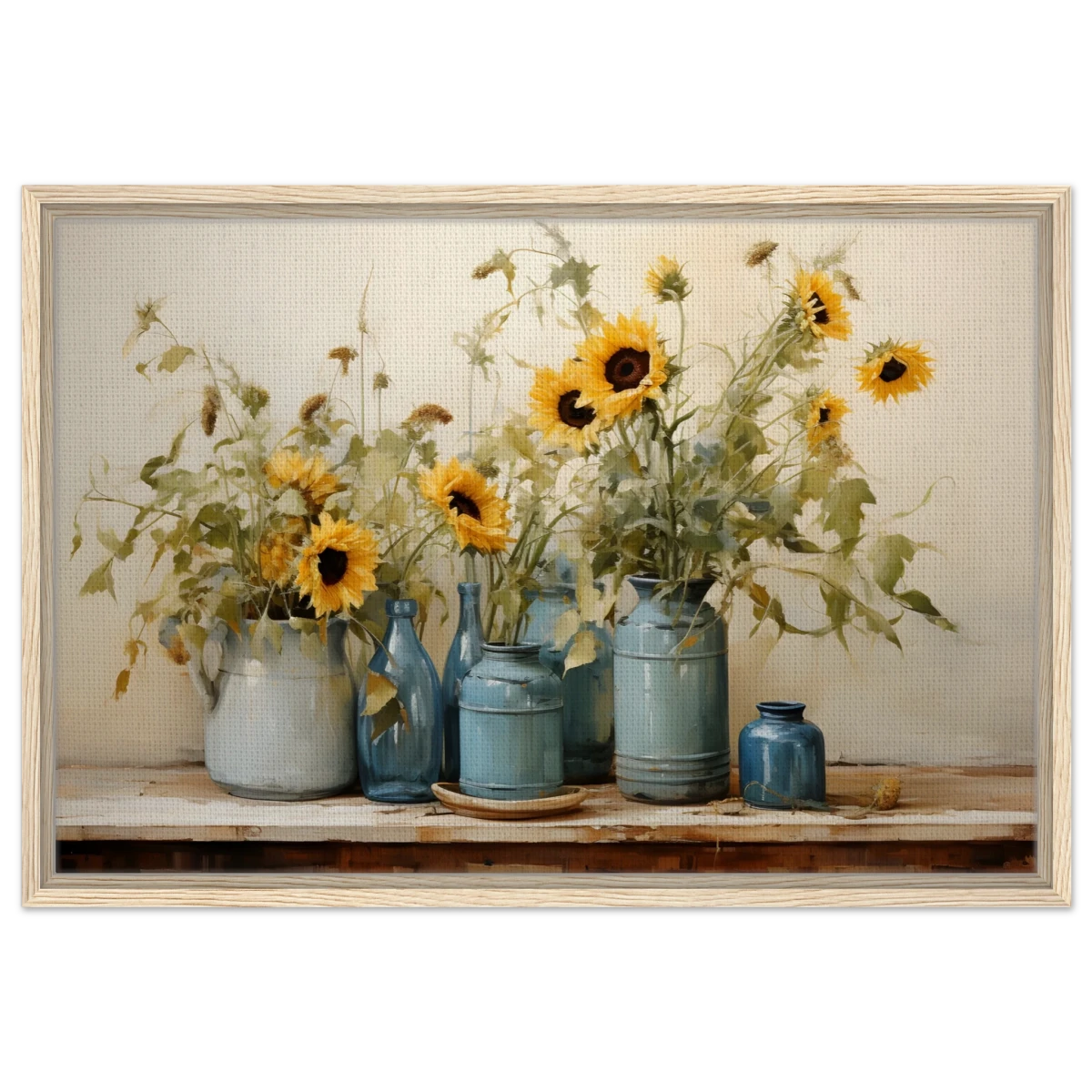 Sunlit Harmony – Sunflowers in Blue Vases Still Life Wall Art Print - Framed Canvas - 50x75 cm / 20x30″ - Wood frame