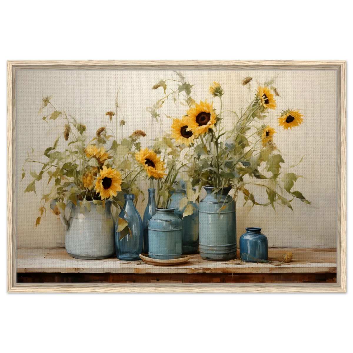 Sunlit Harmony – Sunflowers in Blue Vases Still Life Wall Art Print - Framed Canvas - 60x90 cm / 24x36″ - Wood frame