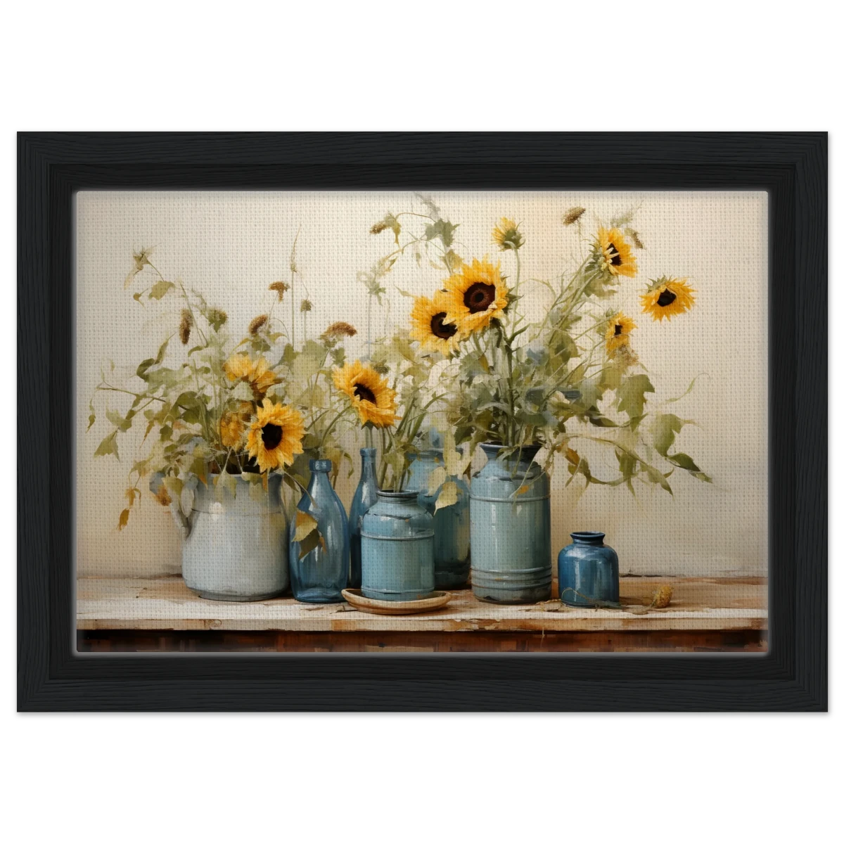 Sunlit Harmony – Sunflowers in Blue Vases Still Life Wall Art Print - Framed Canvas - 20x30 cm / 8x12″ - Black frame