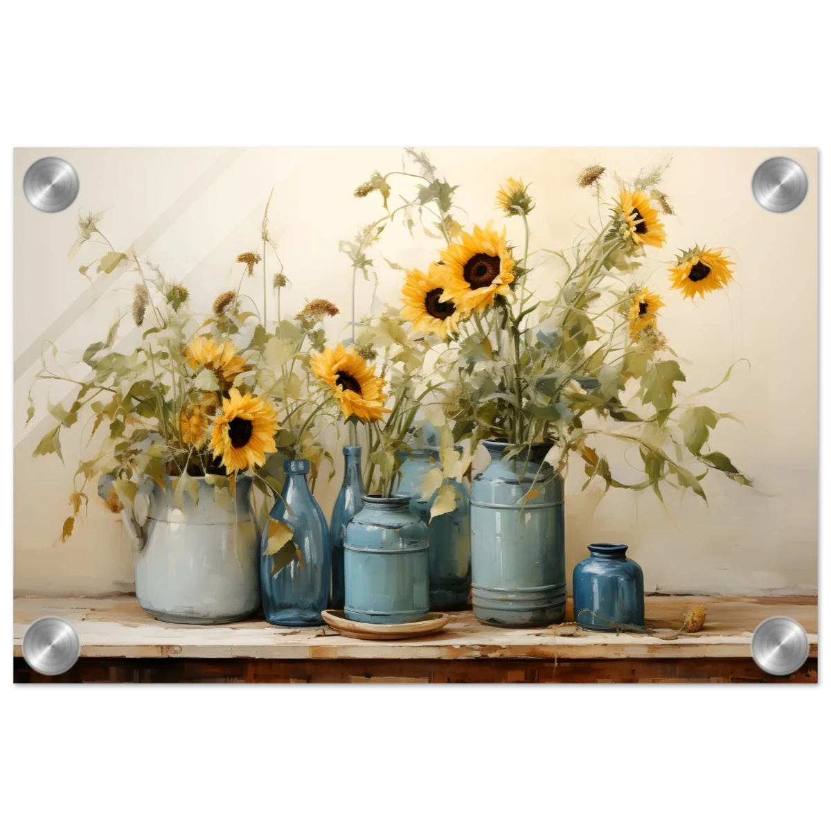 Sunlit Harmony – Sunflowers in Blue Vases Still Life Wall Art Print - Acrylic Print - 20x30 cm / 8x12″ -