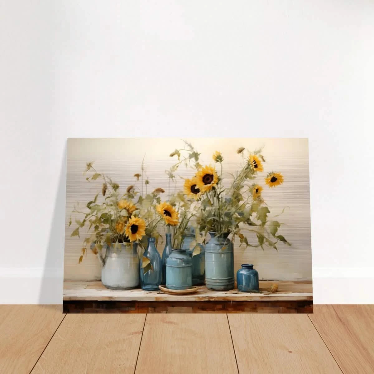 Sunlit Harmony – Sunflowers in Blue Vases Still Life Wall Art Print - Brushed Aluminum Print - 70x100 cm / 28x40″ -