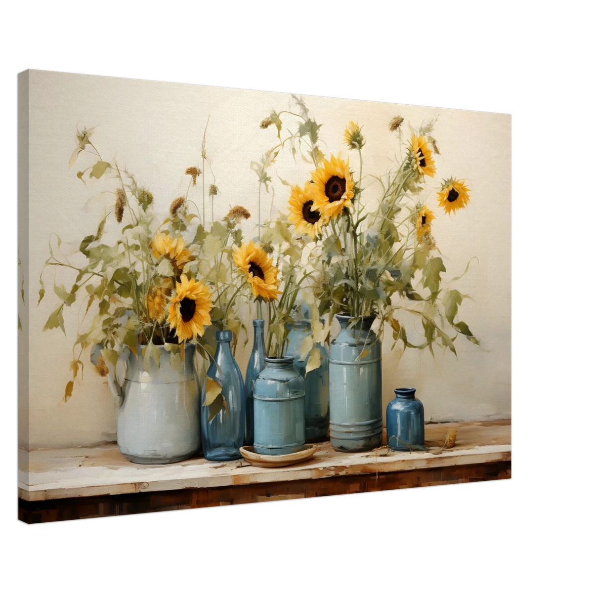 Sunlit Harmony – Sunflowers in Blue Vases Still Life Wall Art Print - Canvas - 60x90 cm / 24x36″ -