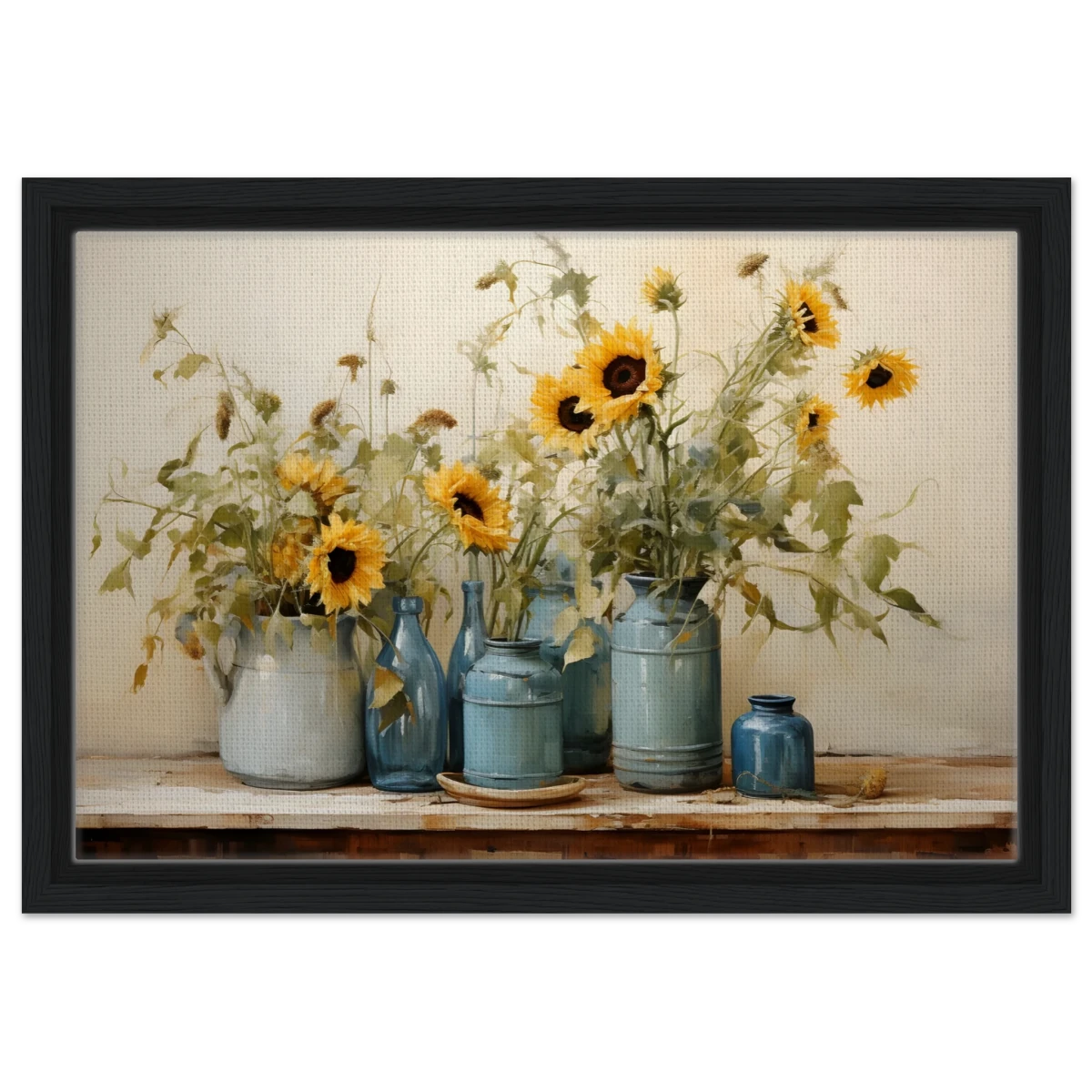 Sunlit Harmony – Sunflowers in Blue Vases Still Life Wall Art Print - Framed Canvas - 30x45 cm / 12x18″ - Black frame