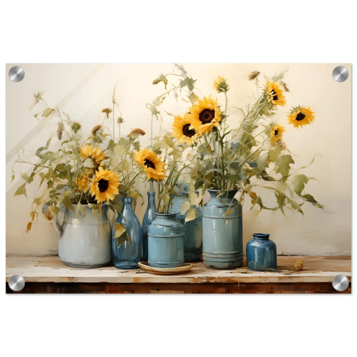 Sunlit Harmony – Sunflowers in Blue Vases Still Life Wall Art Print - Acrylic Print - 30x45 cm / 12x18″ -