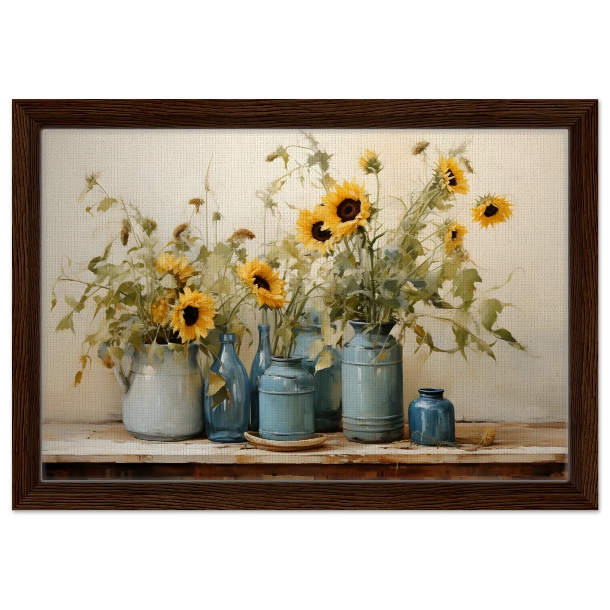 Sunlit Harmony – Sunflowers in Blue Vases Still Life Wall Art Print - Framed Canvas - 30x45 cm / 12x18″ - Dark wood frame